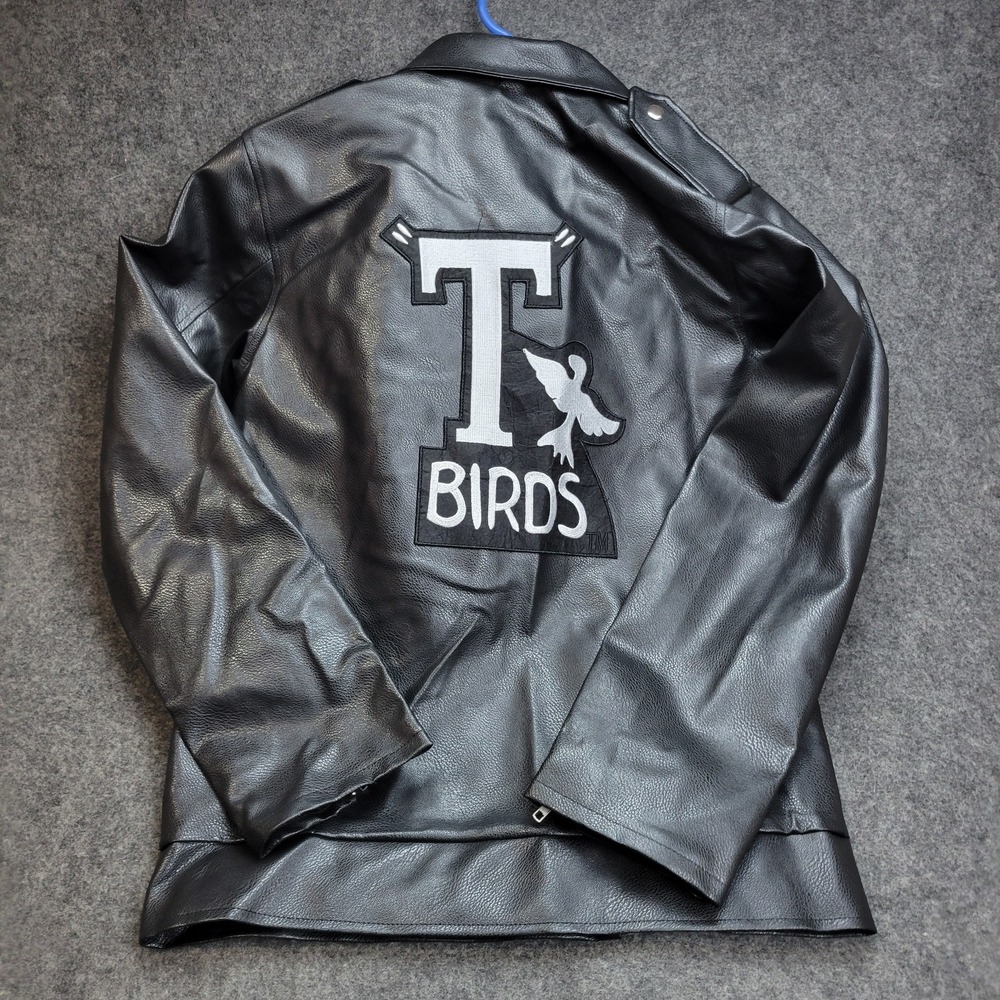 Grease Jacket Mens Small Black Faux Leather T Birds Patch Biker Asymmetrical Zip